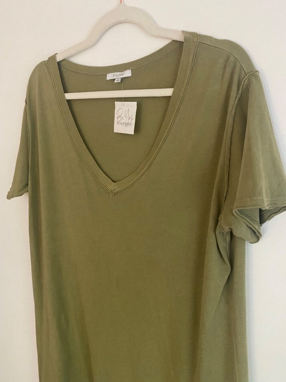 Z Supply Women's Olive V-Neck T-Shirt Dress 100% Organic Cotton Size L - Picture 2 of 6